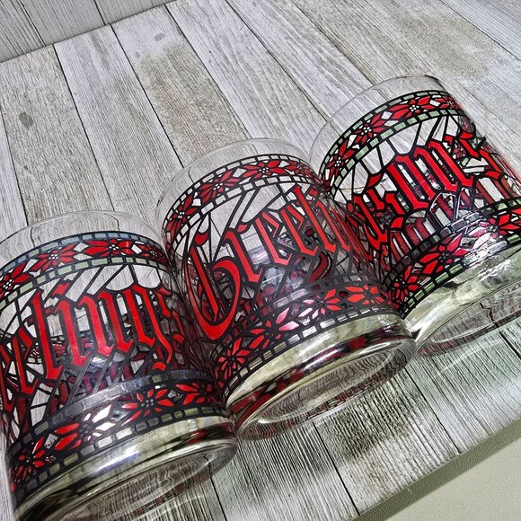 Vtg Houze Glasses Tumblers Season's Greetings Stained Glass Christmas 4" T Set 3 - Picture 5 of 7